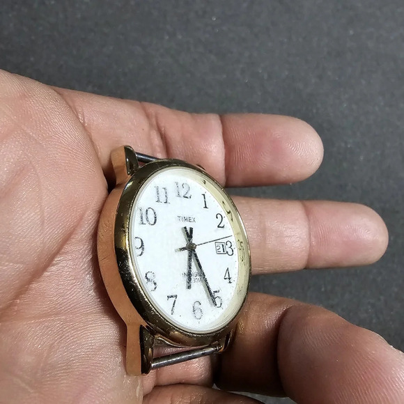 Timex Indiglo Date Just Mens Quartz Watch Gold Tone White Dial Working No Strap - Picture 6 of 6